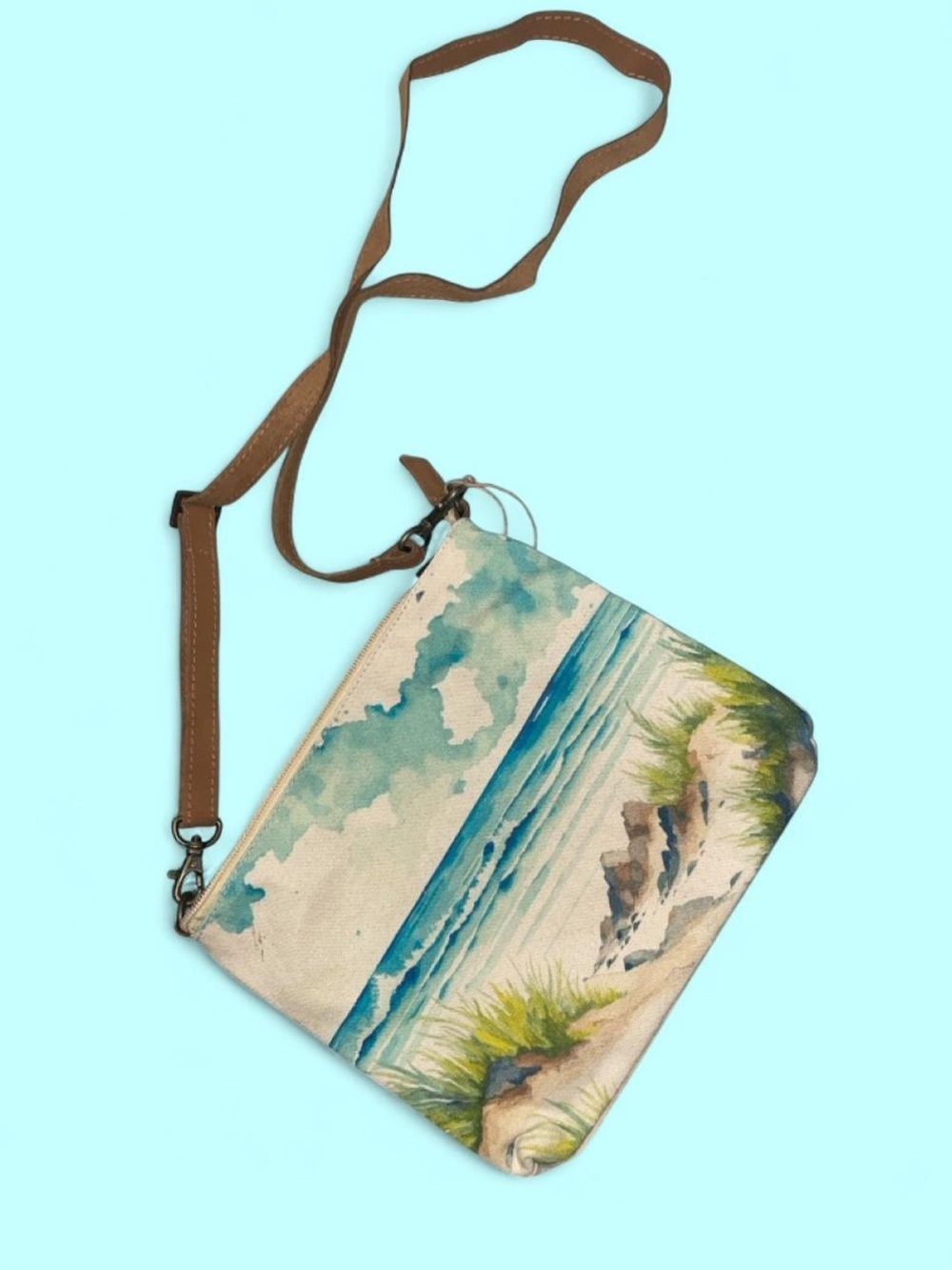 Watercolor Beach Crossbody Bag with Brown Strap and Sandal Earrings